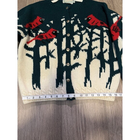Vintage QUISSETT COVE Cardinal Birds 100% Shetland WOOL Cardigan Sweater Medium - Picture 10 of 14